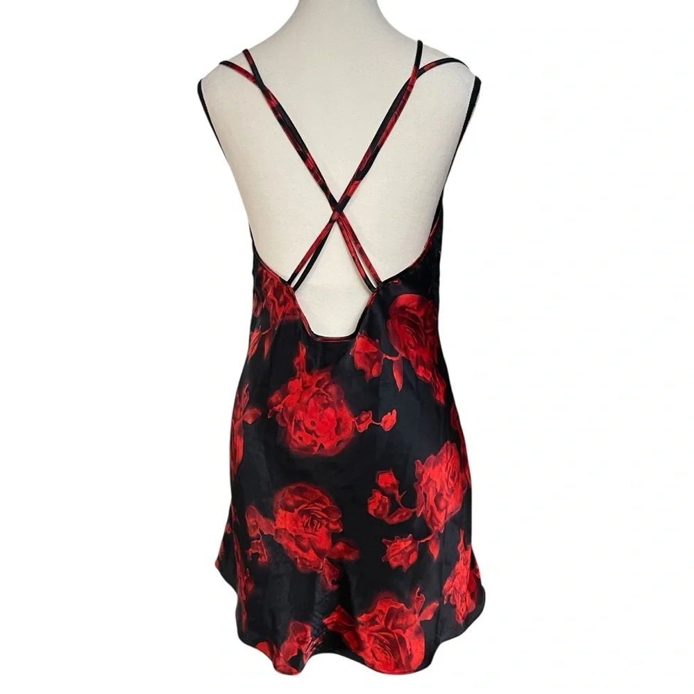 Black & Red Lace Babydoll Chemise Floral Slip Dress Sexy Strappy Back Size M